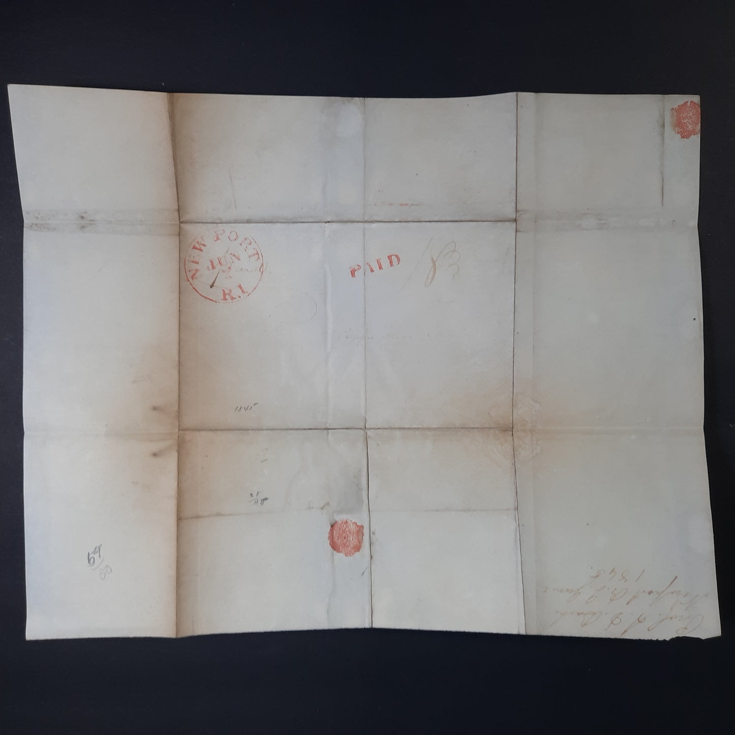 1845 New Port, Rhode Island Stampless Folded Envelope, Red CDS, Paid 18