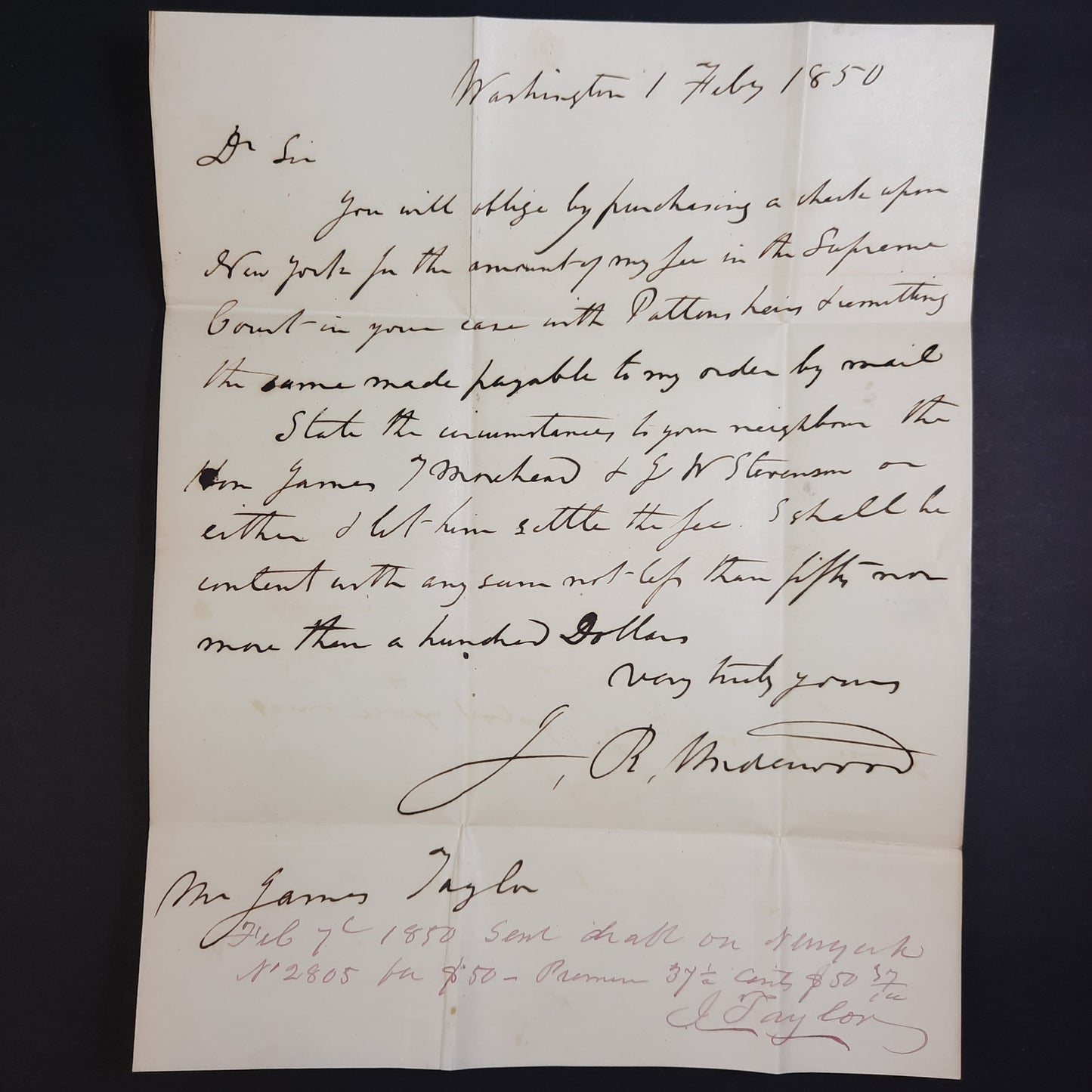 1850 US Senator Joseph Rogers Underwood (Kentucky) ALS, U.S. Senate free frank Washington DC trio signed letter to James Taylor Newport