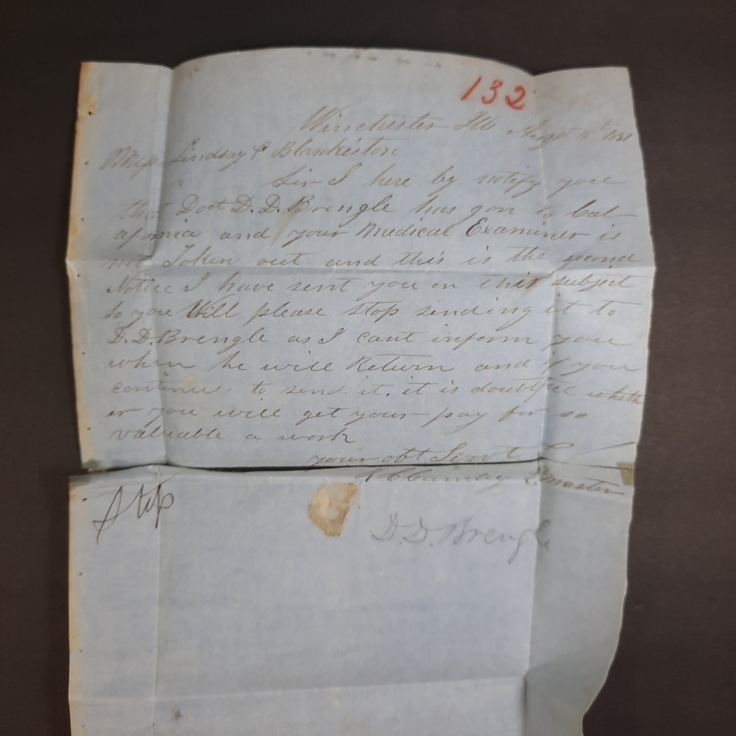 1851 R.C. Cumby Winchester Illinois cds & Postmaster free frank + signed letter to Medical Examiner editors, Philadelphia