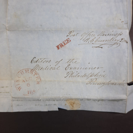 1851 R.C. Cumby Winchester Illinois cds & Postmaster free frank + signed letter to Medical Examiner editors, Philadelphia