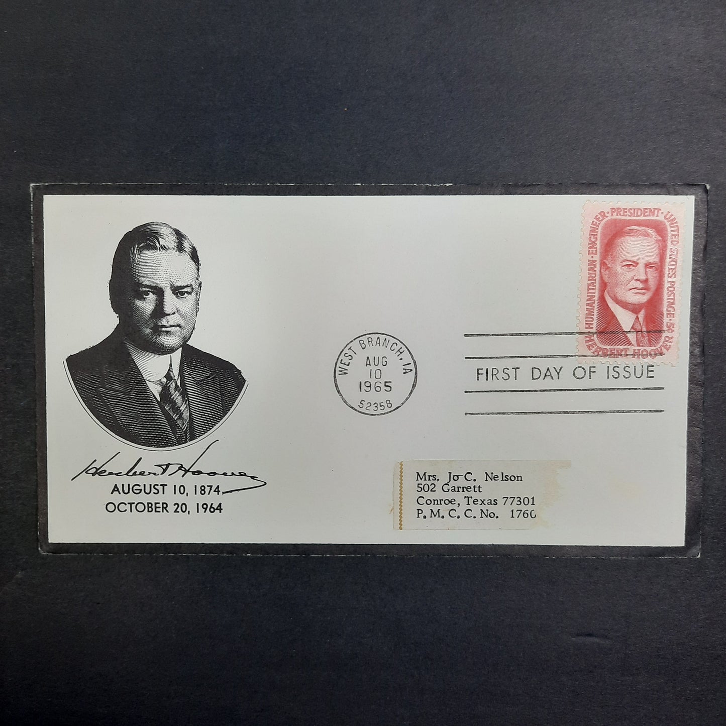 1965 Herbert Hoover Mourning Cover Cachet, black bordered evelope, August 10 Birthday FDC