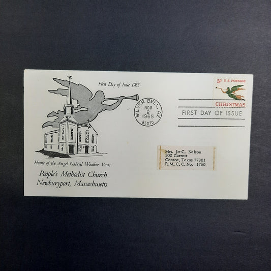 1965 Christmas Cachet, Home of the Angel Gabriel Weather Vane, Newburyport, MA, postmarked Silver Bell, AZ