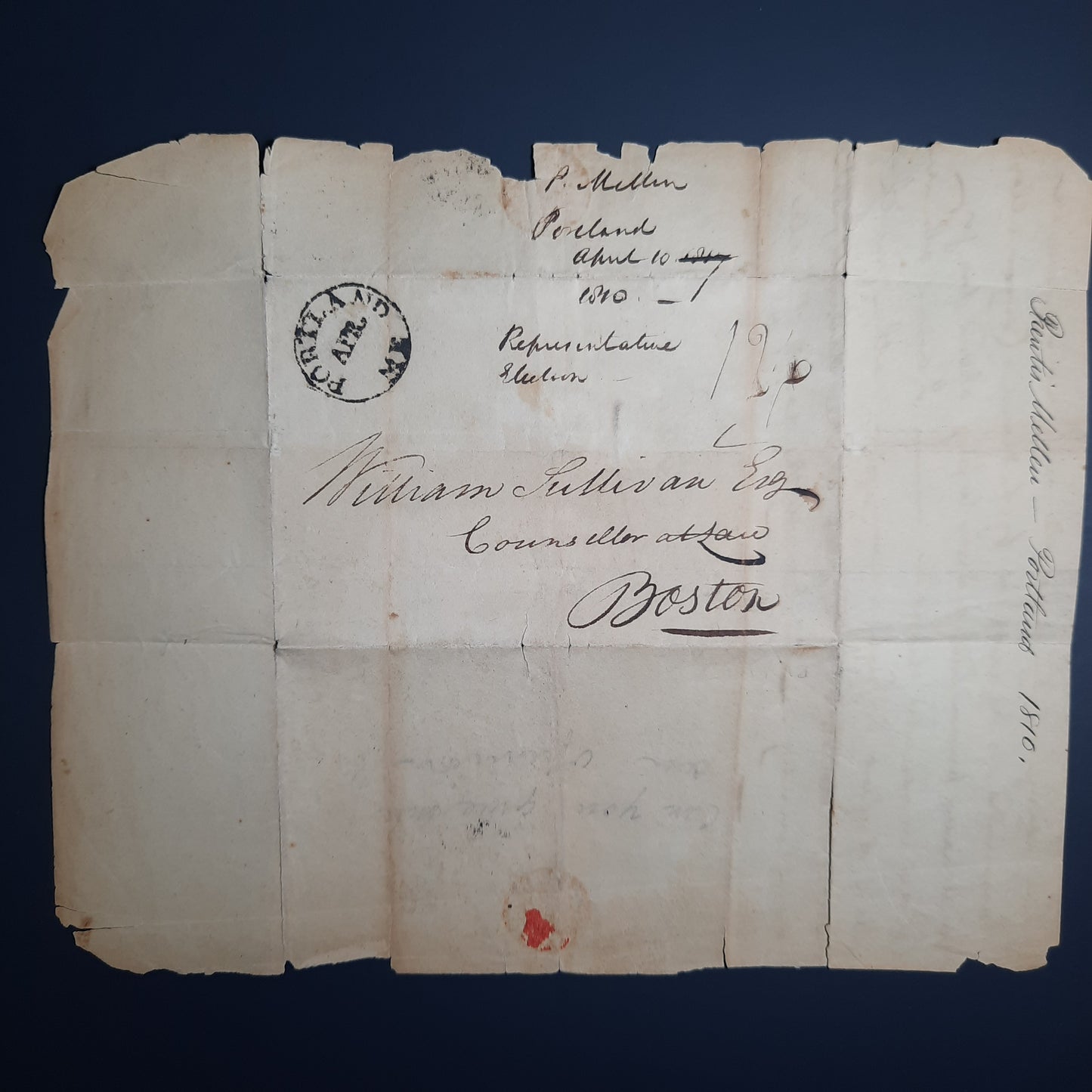 1810 Prentiss Mellen, Federalist US Senator, early Abolitionist, 1st Maine Chief Justice, signed letter & postal cover to William Sullivan, Boston