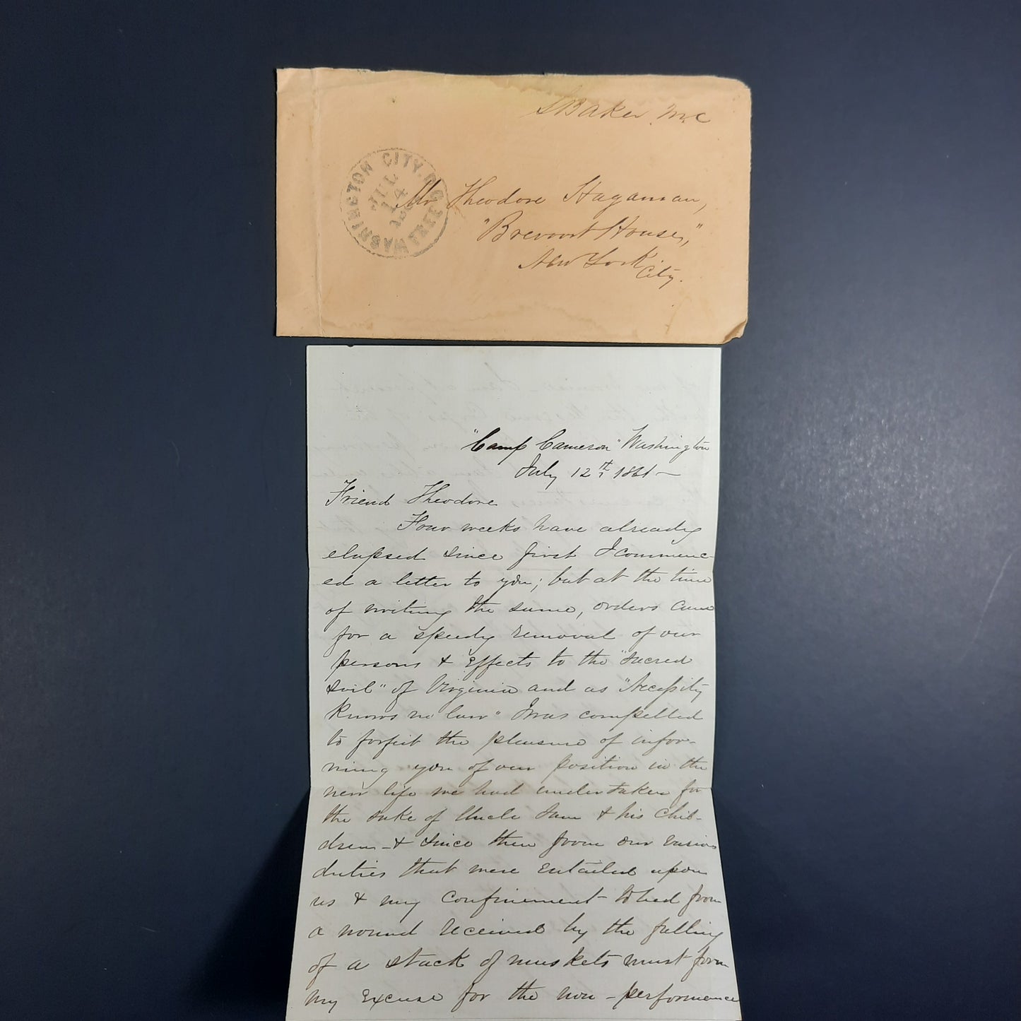 1861 July 12 Bankson Morgan letter, 9th New York Volunteers, Hawkins Zouaves Civil War ALS w Stephen Baker's Congressional free frank