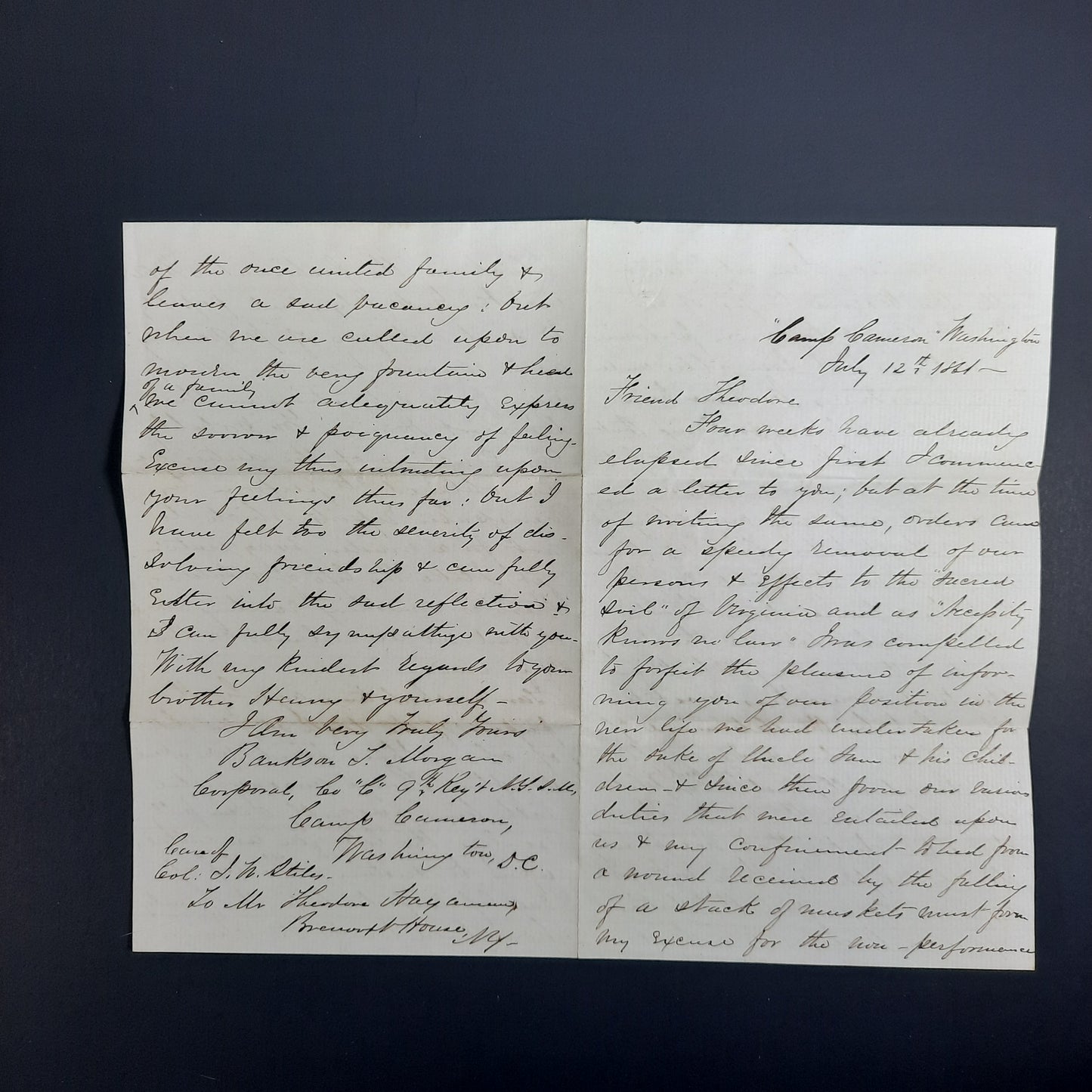 1861 July 12 Bankson Morgan letter, 9th New York Volunteers, Hawkins Zouaves Civil War ALS w Stephen Baker's Congressional free frank