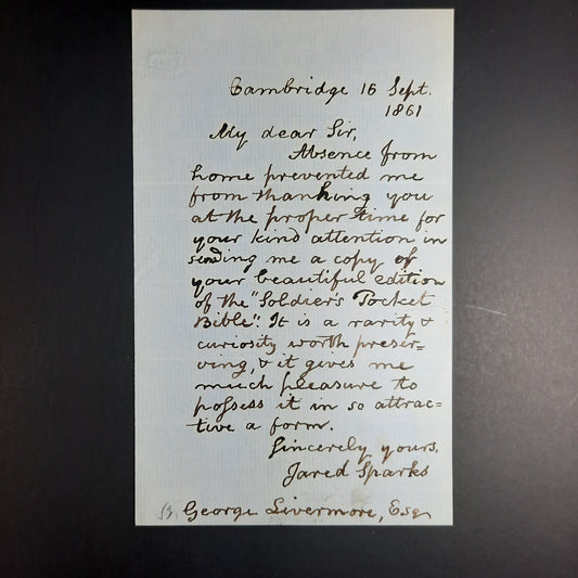 1861 Author Jared Sparks letter re: Soldier's Pocket Bible ALS
