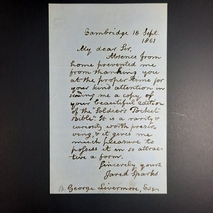 1861 Author Jared Sparks letter re: Soldier's Pocket Bible ALS