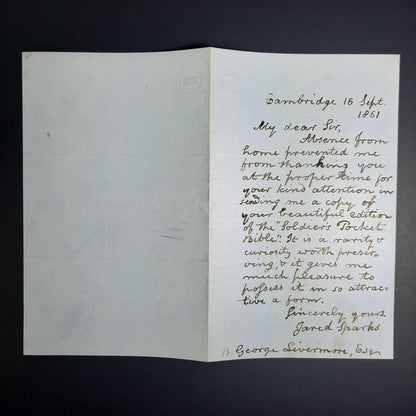 1861 Author Jared Sparks letter re: Soldier's Pocket Bible ALS