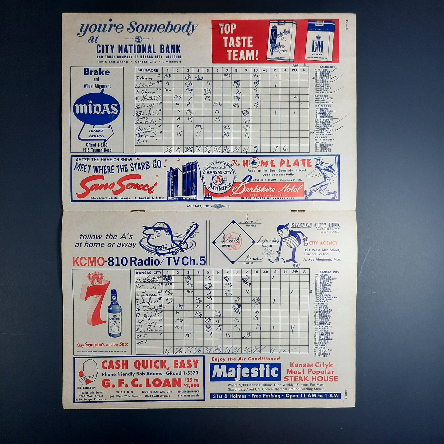 1962 Kansas City Athletics Official Scorecard gameday magazine,  Scored (4-3 vs Orioles)