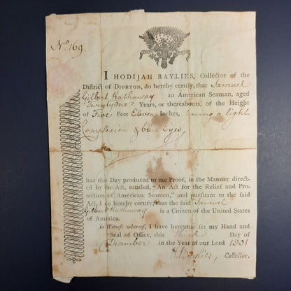 1801 Hodijah Baylies Signed American Citizenship Document