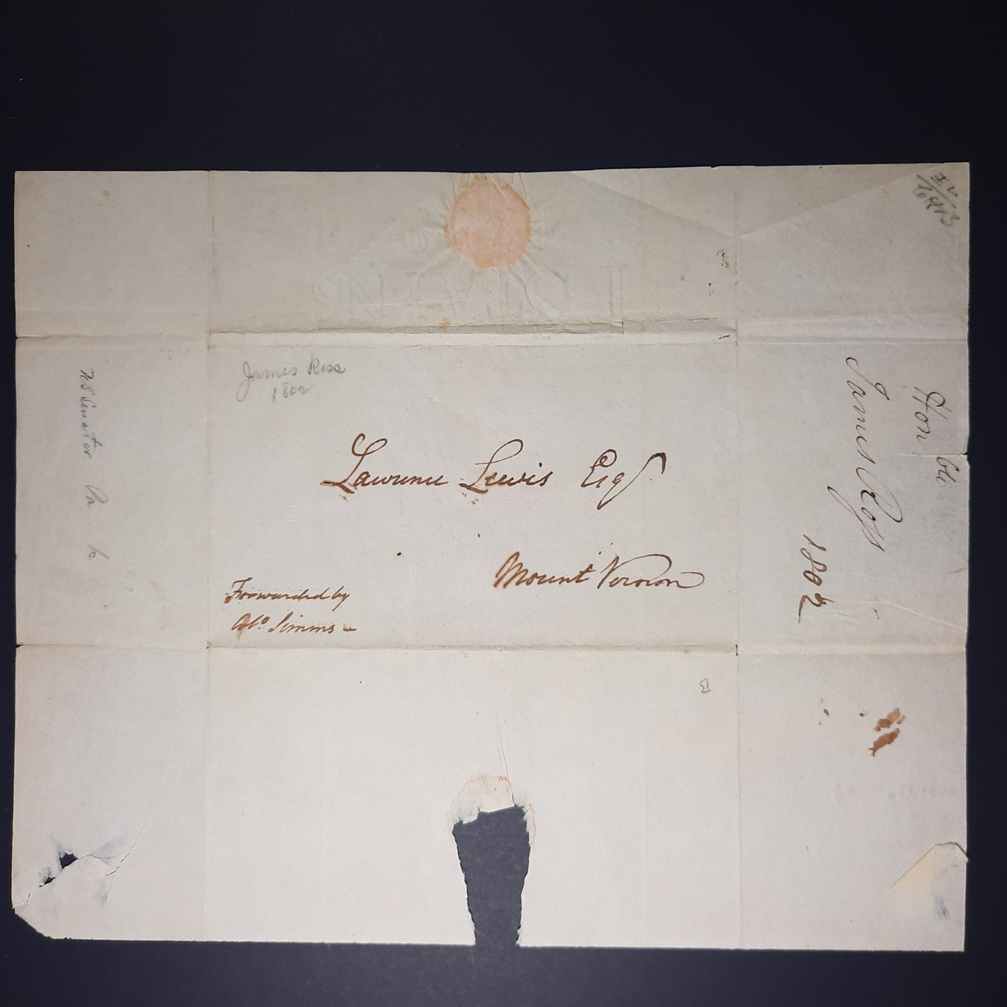 1802 Senator James Ross to Lawrence Lewis, George Washington Nephew & Estate Executor. Mount Vernon, VA, delivered by Colonel Simms