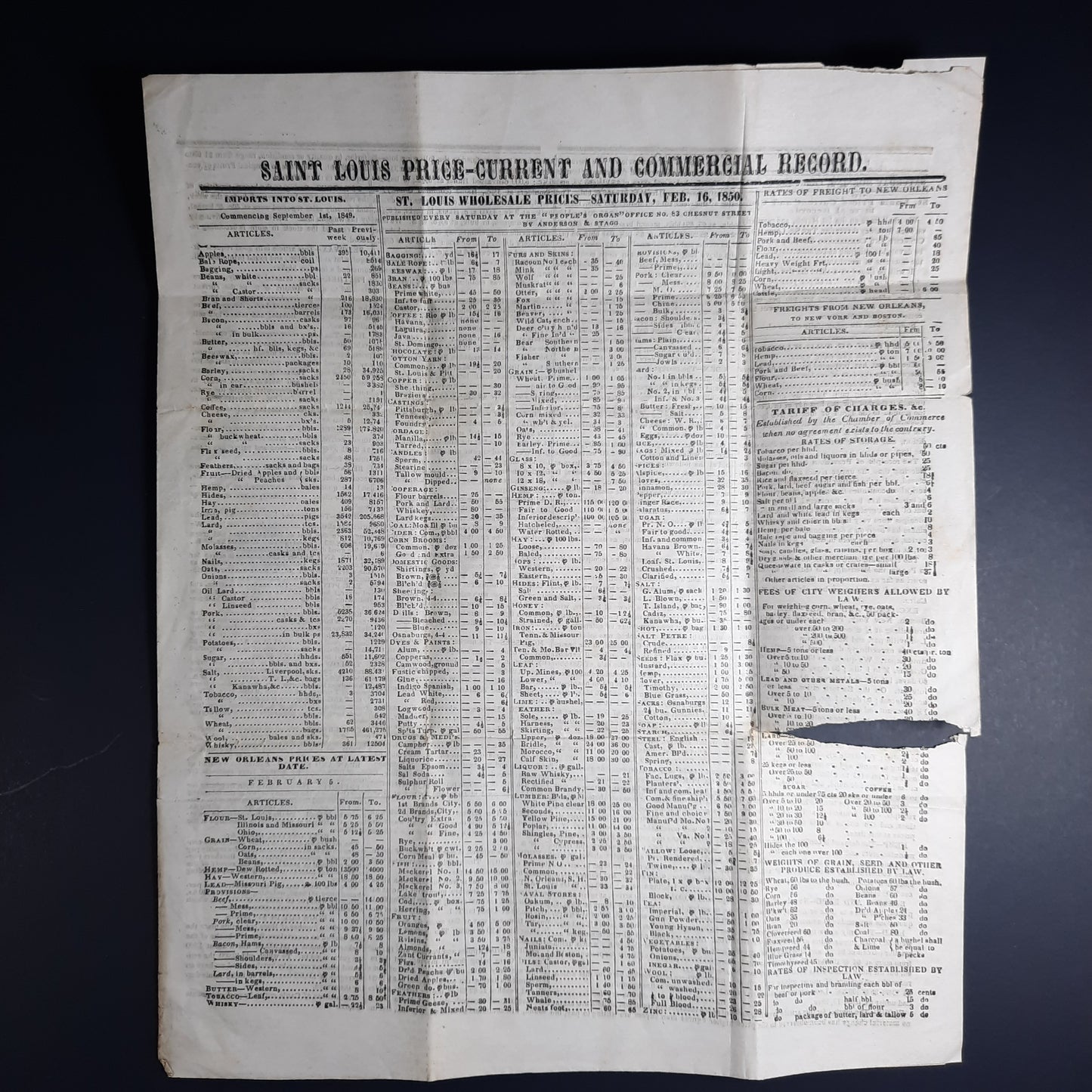 1850 Saint Louis Commodities Price list,  1st yr of issue, St. Louis, Missouri red cds, w signed broker letter to Williamson County, Tennessee