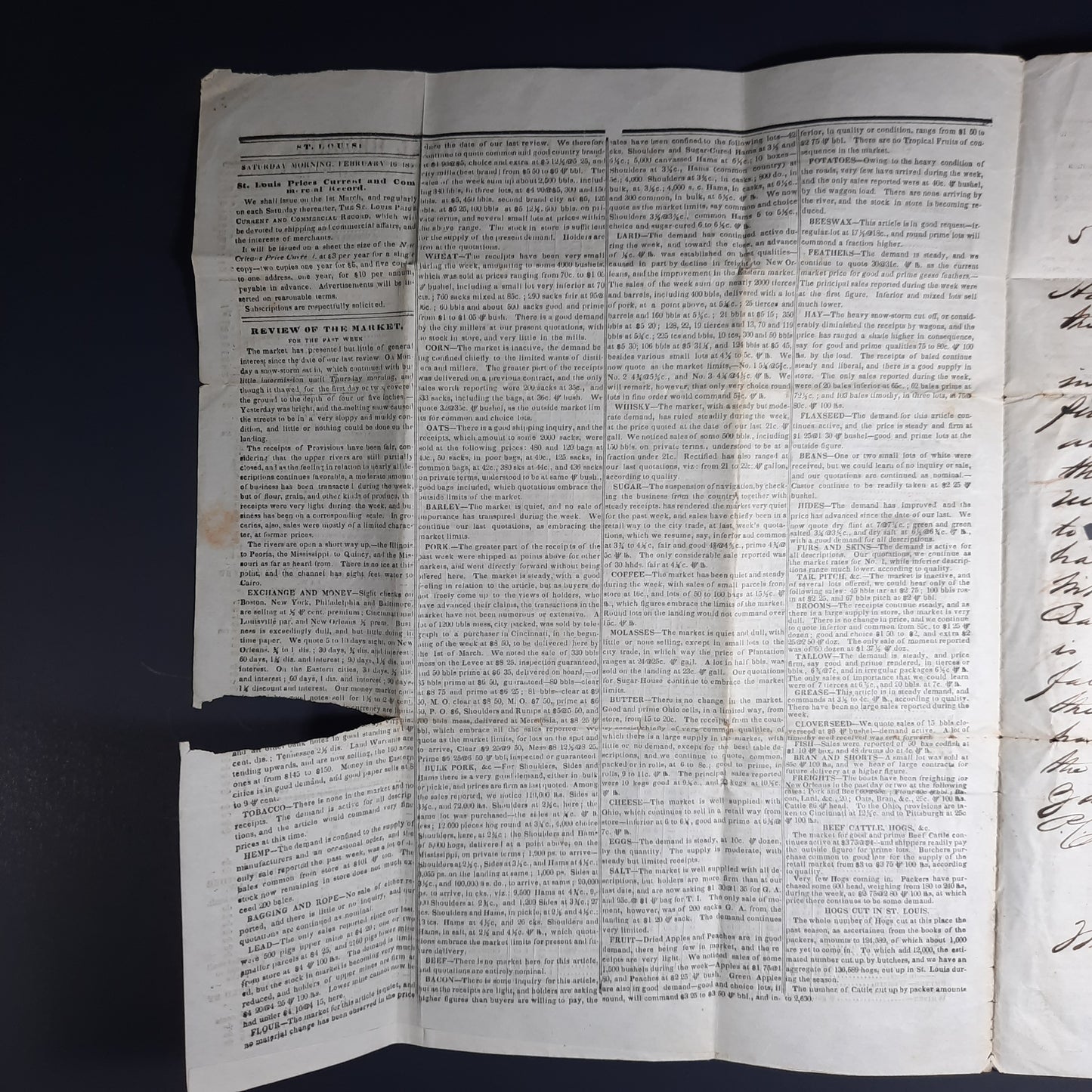 1850 Saint Louis Commodities Price list,  1st yr of issue, St. Louis, Missouri red cds, w signed broker letter to Williamson County, Tennessee