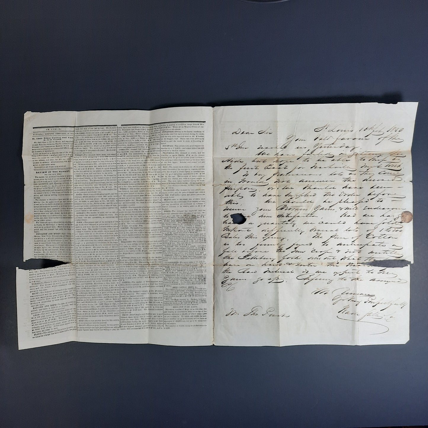 1850 Saint Louis Commodities Price list,  1st yr of issue, St. Louis, Missouri red cds, w signed broker letter to Williamson County, Tennessee