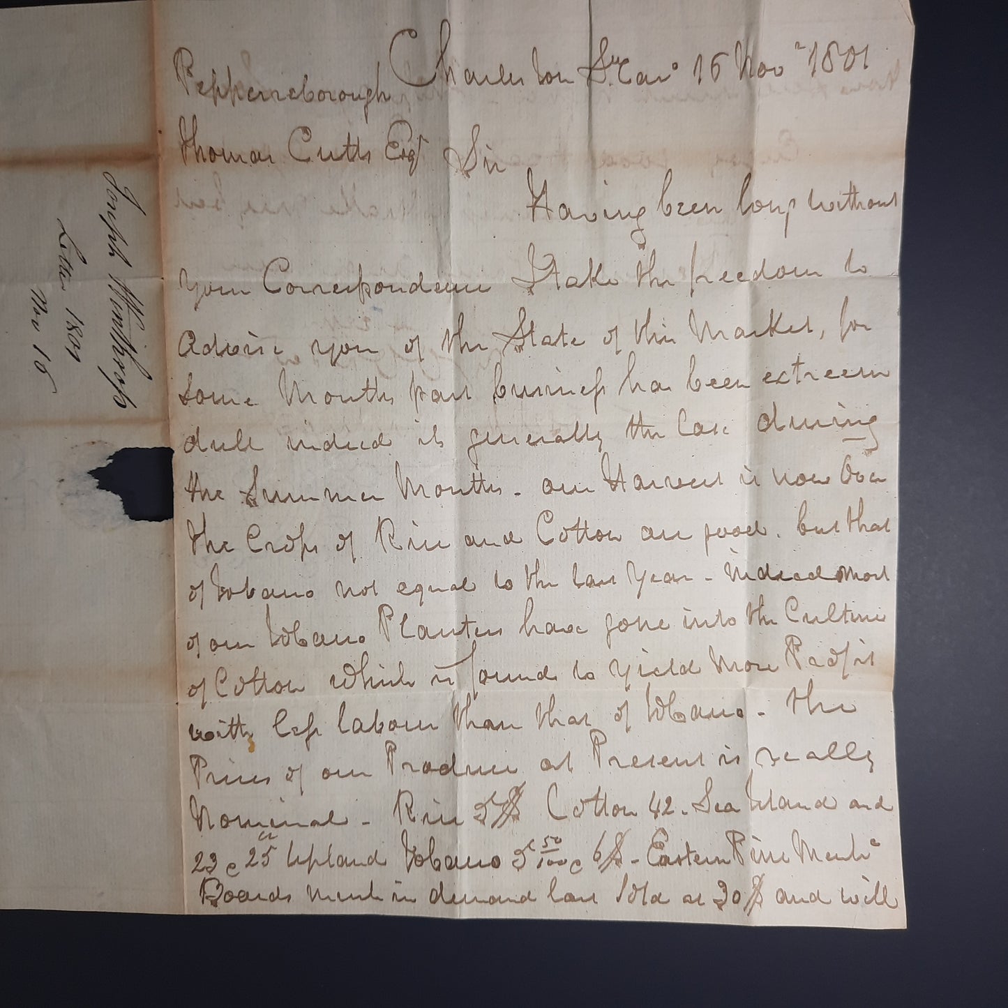 1801 Joseph Winthrop Charleston South Carolina signed letter to Thomas Cutts, Merchant, Pepperellborough, Massachusetts ALS SHIP CDS