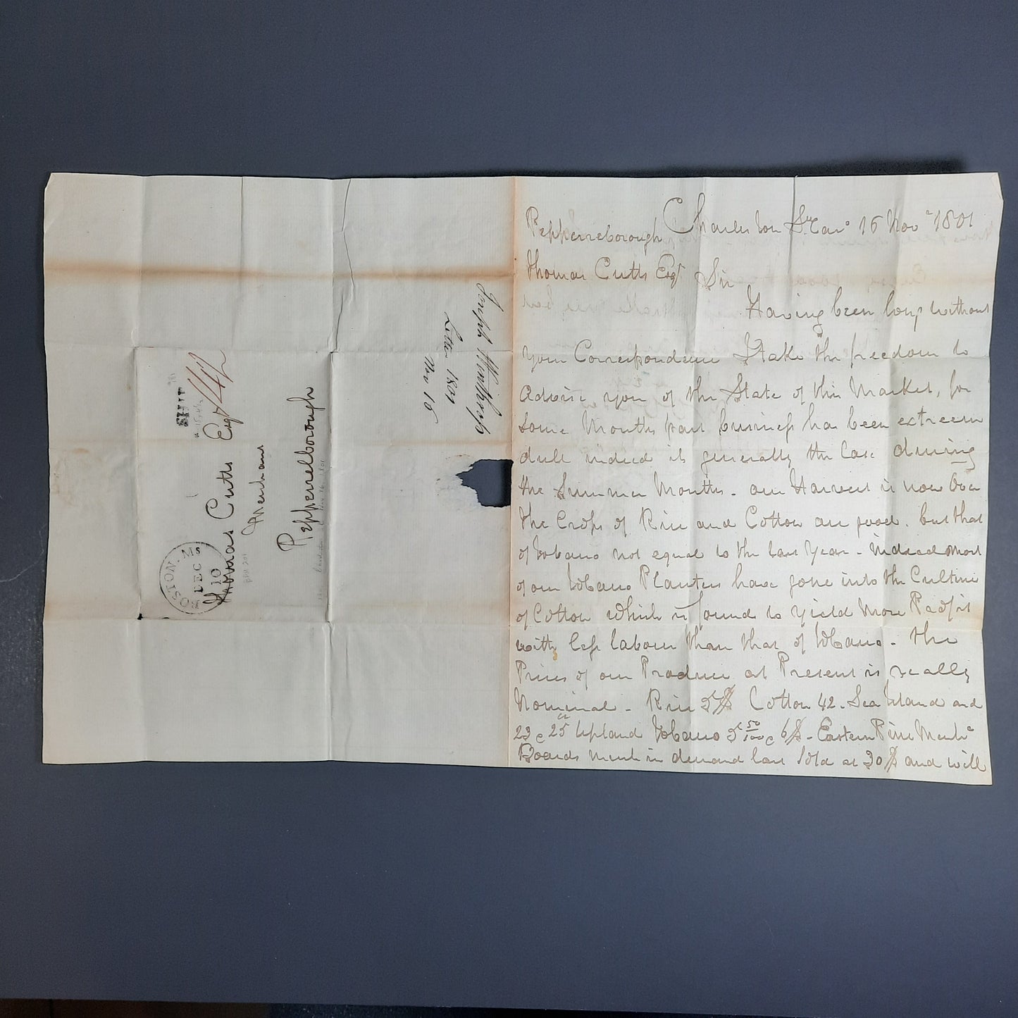 1801 Joseph Winthrop Charleston South Carolina signed letter to Thomas Cutts, Merchant, Pepperellborough, Massachusetts ALS SHIP CDS