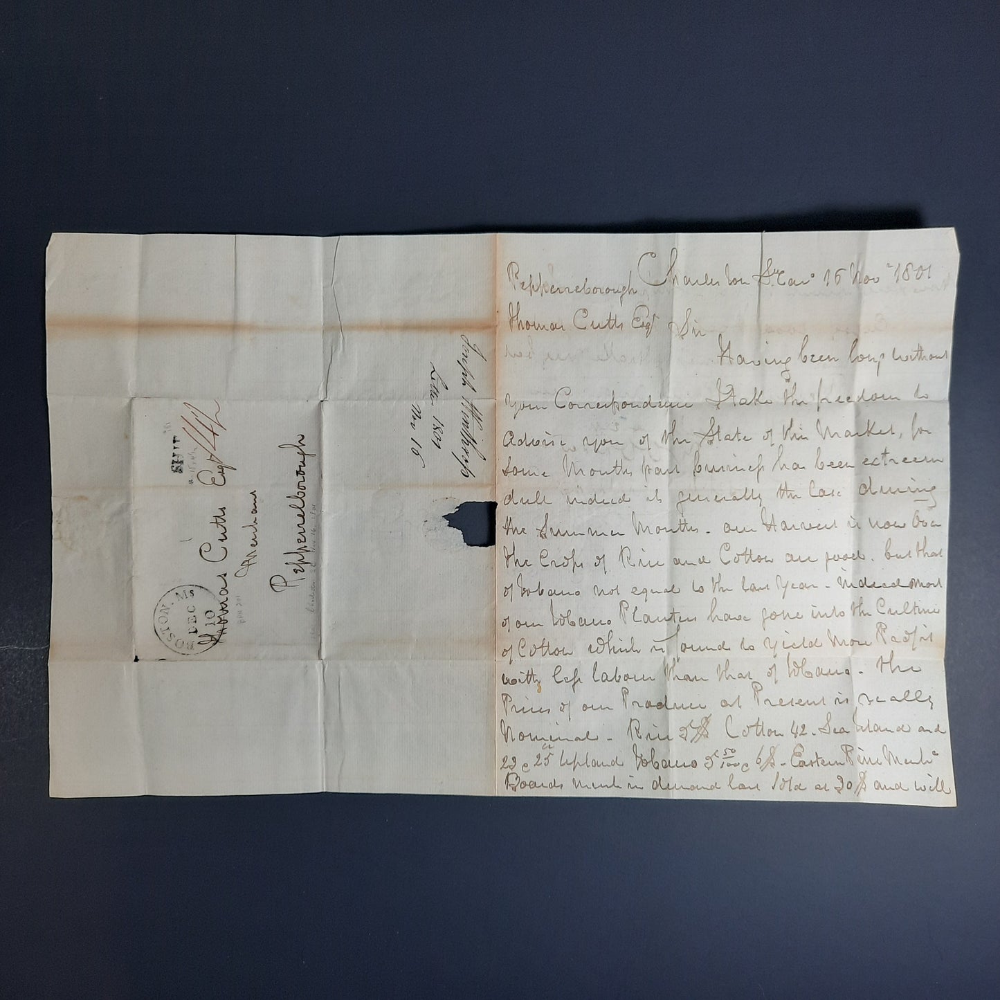 1801 Joseph Winthrop Charleston South Carolina signed letter to Thomas Cutts, Merchant, Pepperellborough, Massachusetts ALS SHIP CDS