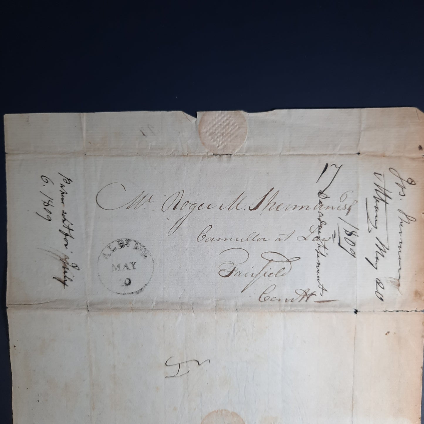 1809 Josiah Sherman signed letter to brother Roger Minott Sherman, ALS w Albany NY CDS to Fairfield Connecticut