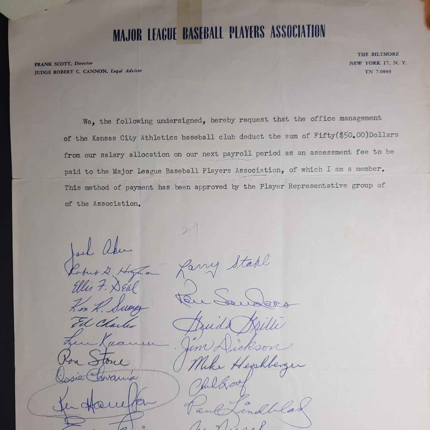 1966 Kansas City Athletics Team-signed Major League Baseball Player's Association autograph union document