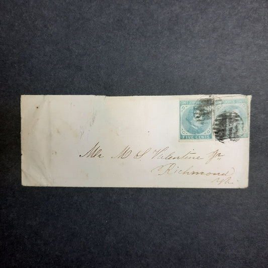 1862-5 Confederate States cover w CSA SC#7 two singles, gridiron cancel to M. S. Valentine, Jr, Richmond, Virginia