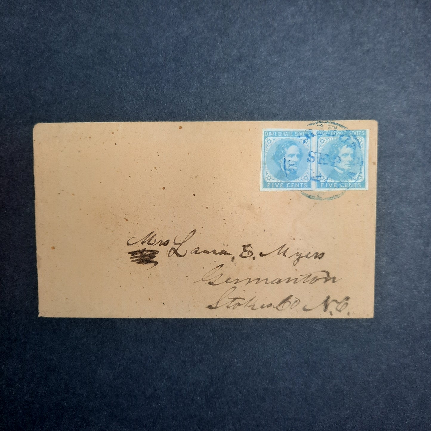 1862- CSA SC#6 Pair blue CDS Petersburg, Virginia to Germanton, Stoke County, North Carolina, Mrs. Laura E. Myers