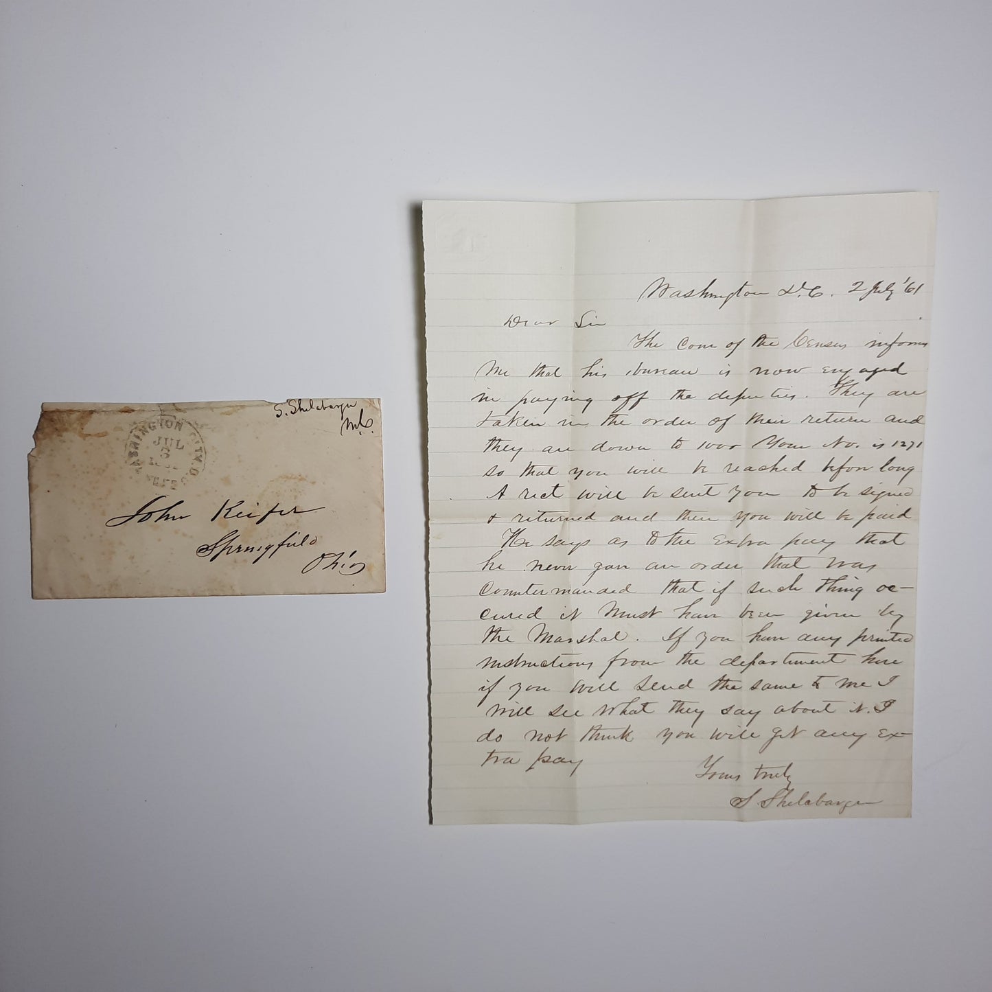 1861 US Representative Samuel Shellabarger MC Congressional free frank cover & letter signed July 2 to John Keifer, Springfield, Ohio