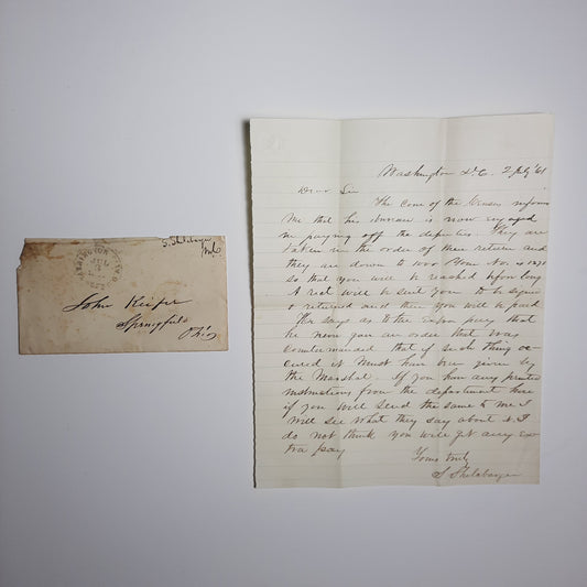 1861 US Representative Samuel Shellabarger MC Congressional free frank cover & letter signed July 2 to John Keifer, Springfield, Ohio