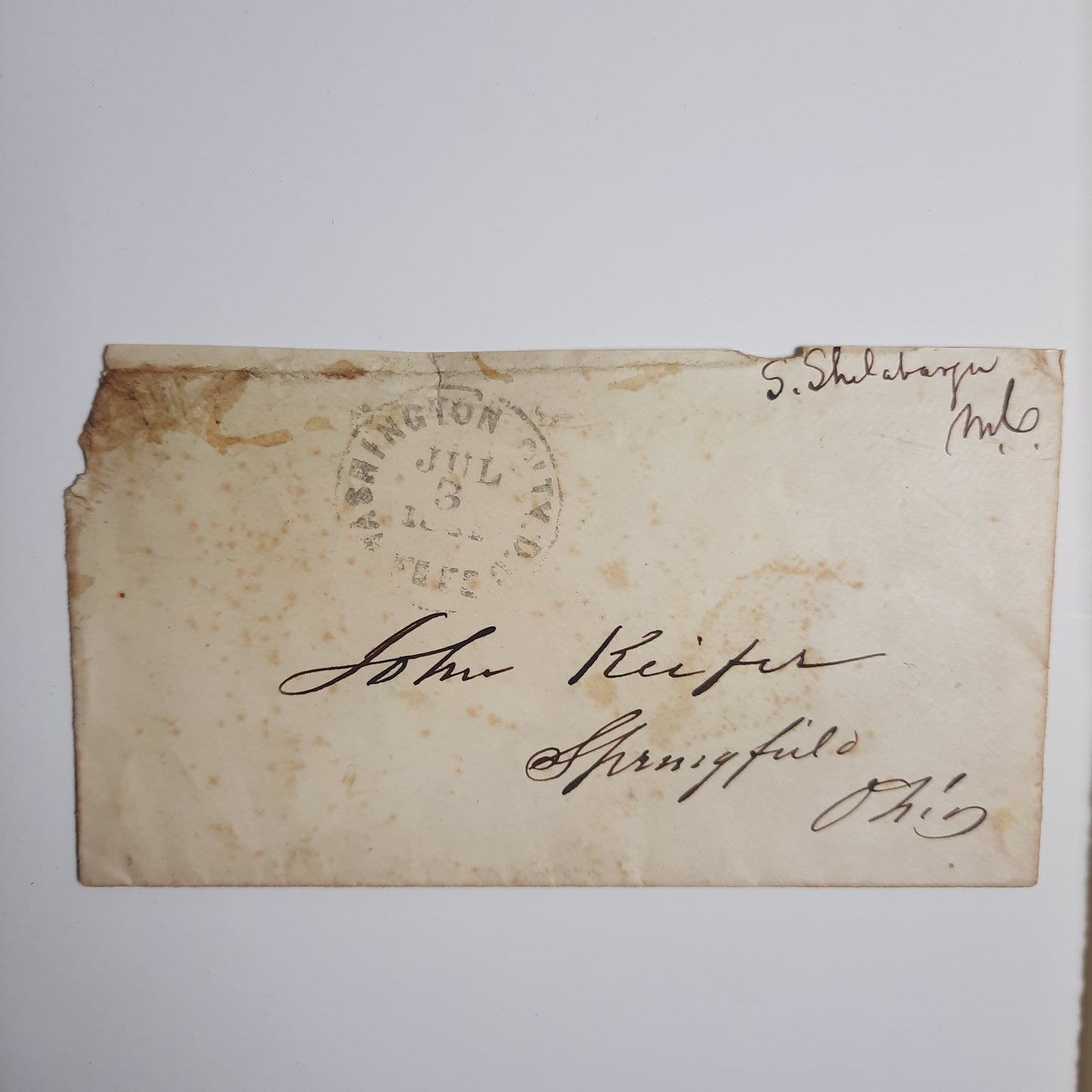 1861 US Representative Samuel Shellabarger MC Congressional free frank cover & letter signed July 2 to John Keifer, Springfield, Ohio