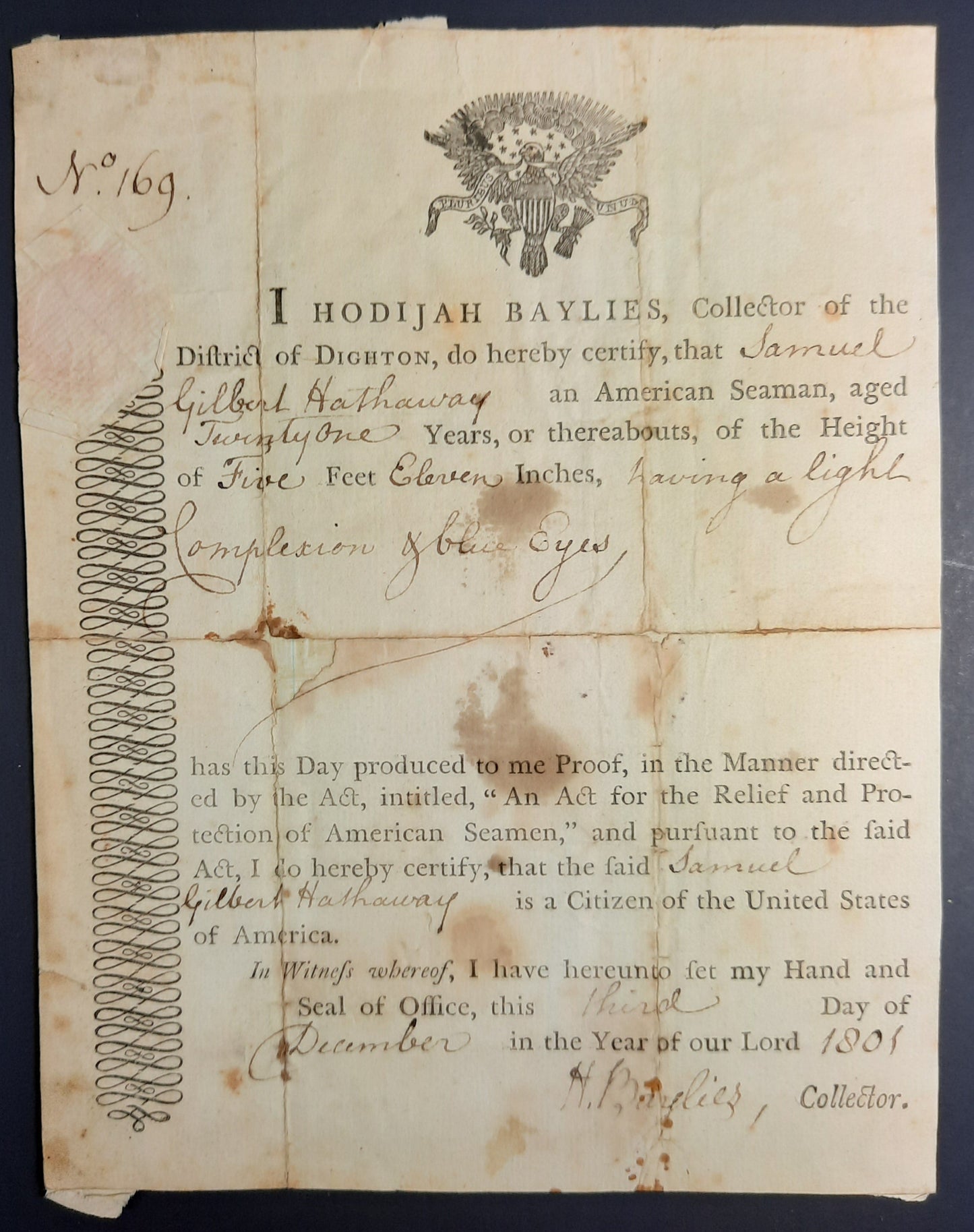 1801 Hodijah Baylies Signed American Citizenship Document