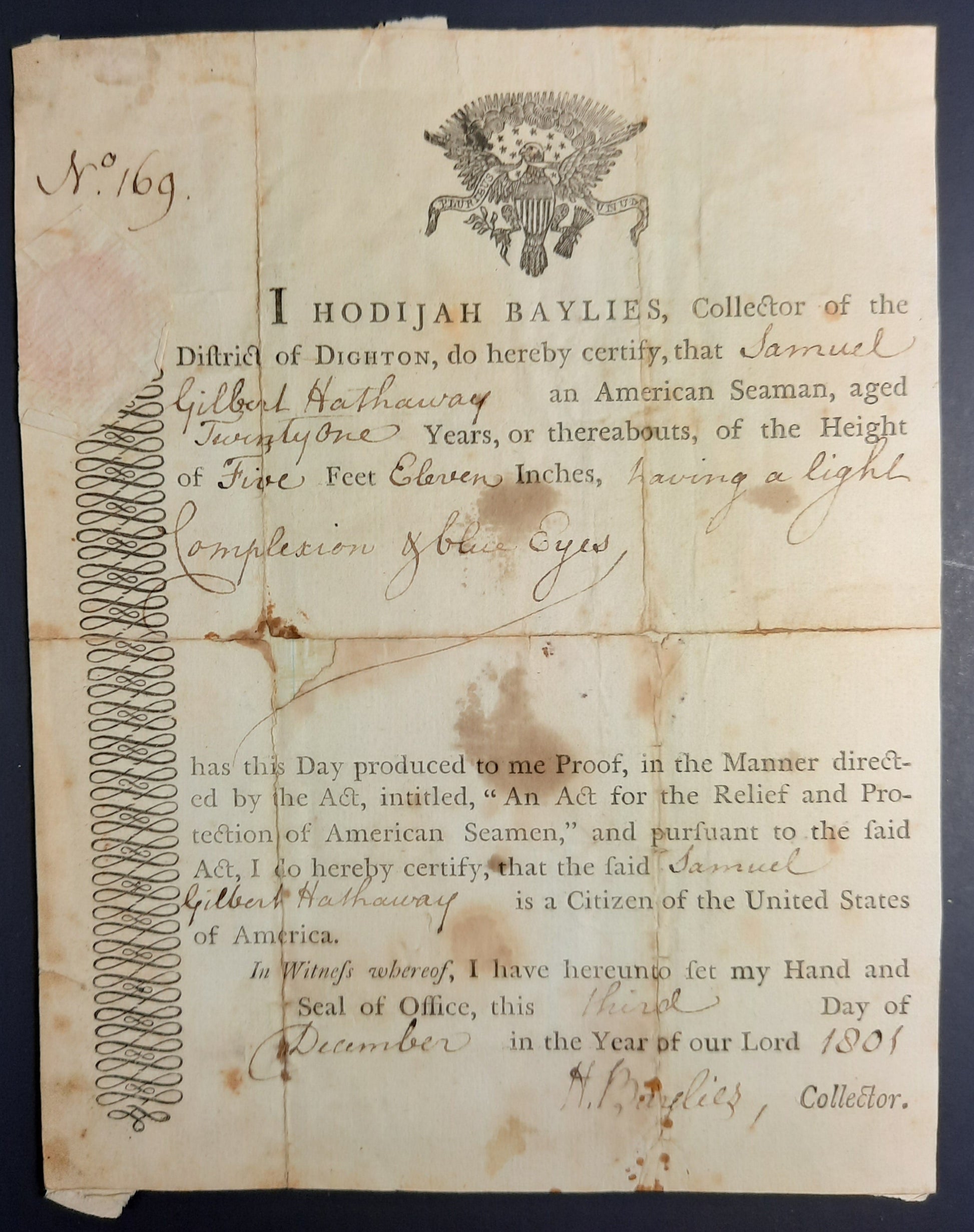 1801 Hodijah Baylies Signed American Citizenship Document