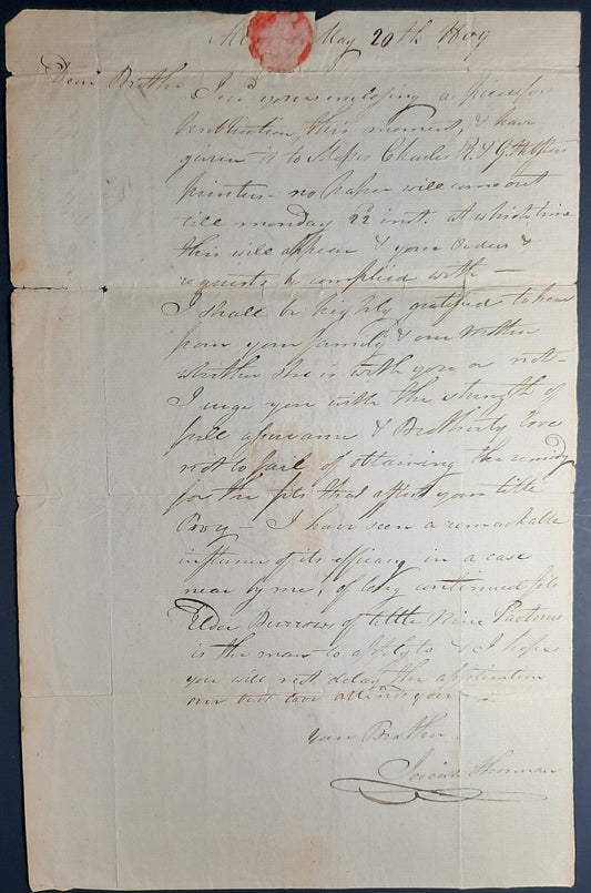1809 Josiah Sherman signed letter to brother Roger Minott Sherman, ALS