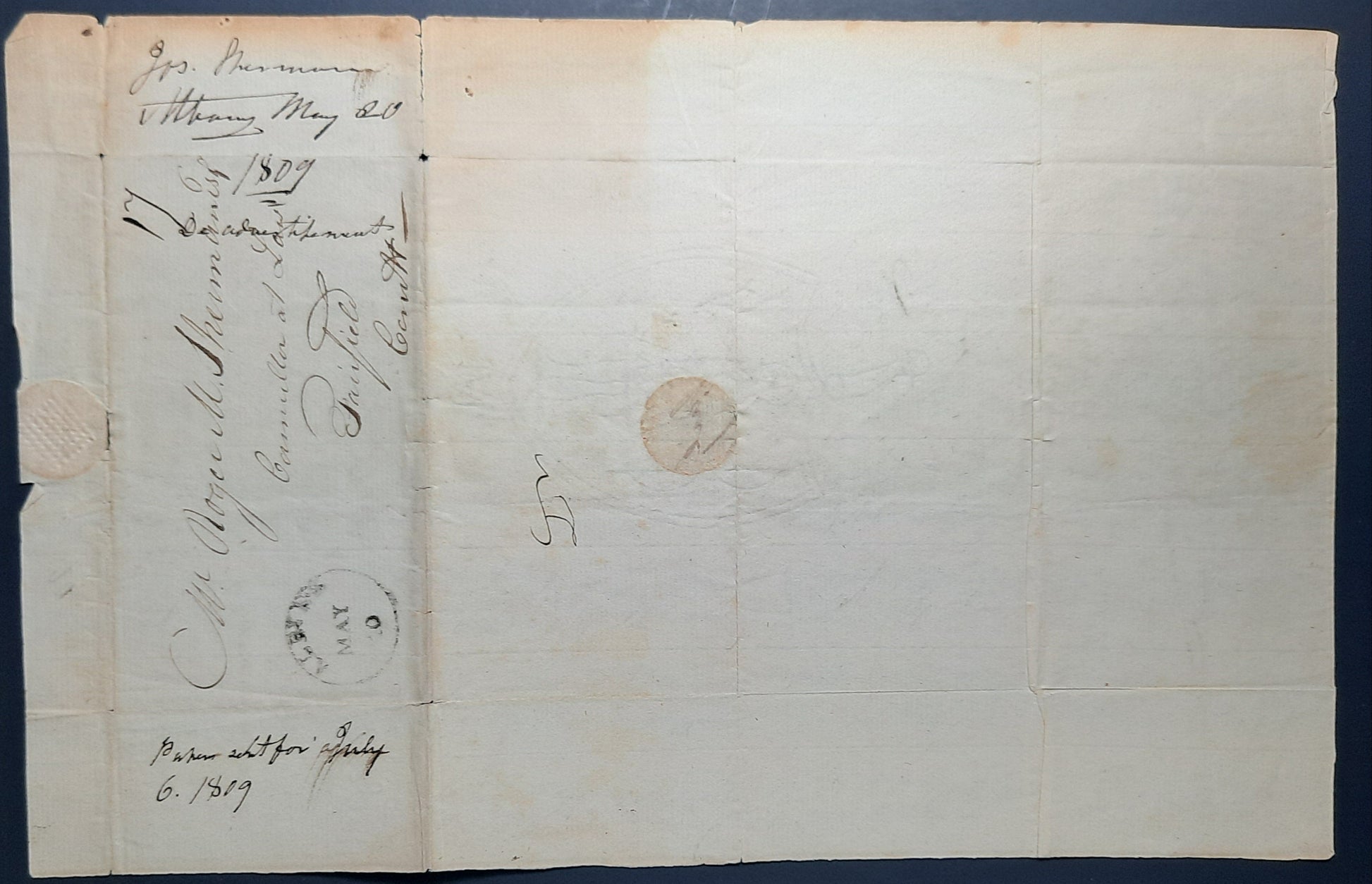 1809 Josiah Sherman signed letter to brother Roger Minott Sherman, ALS
