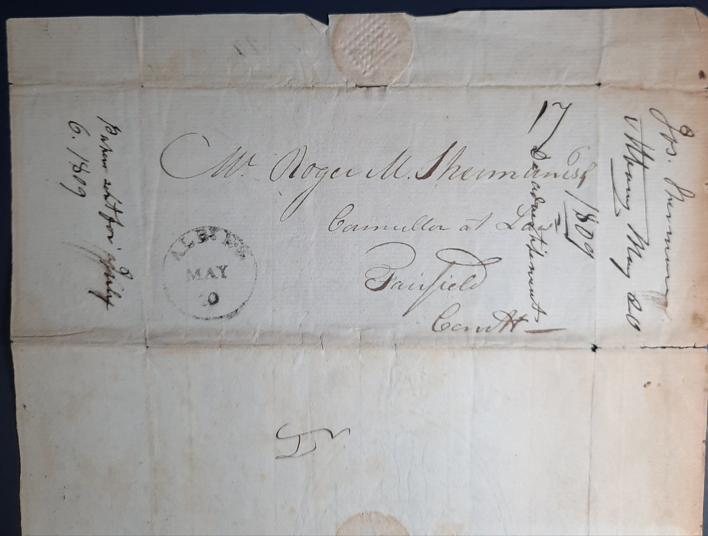 1809 Josiah Sherman signed letter to brother Roger Minott Sherman, ALS
