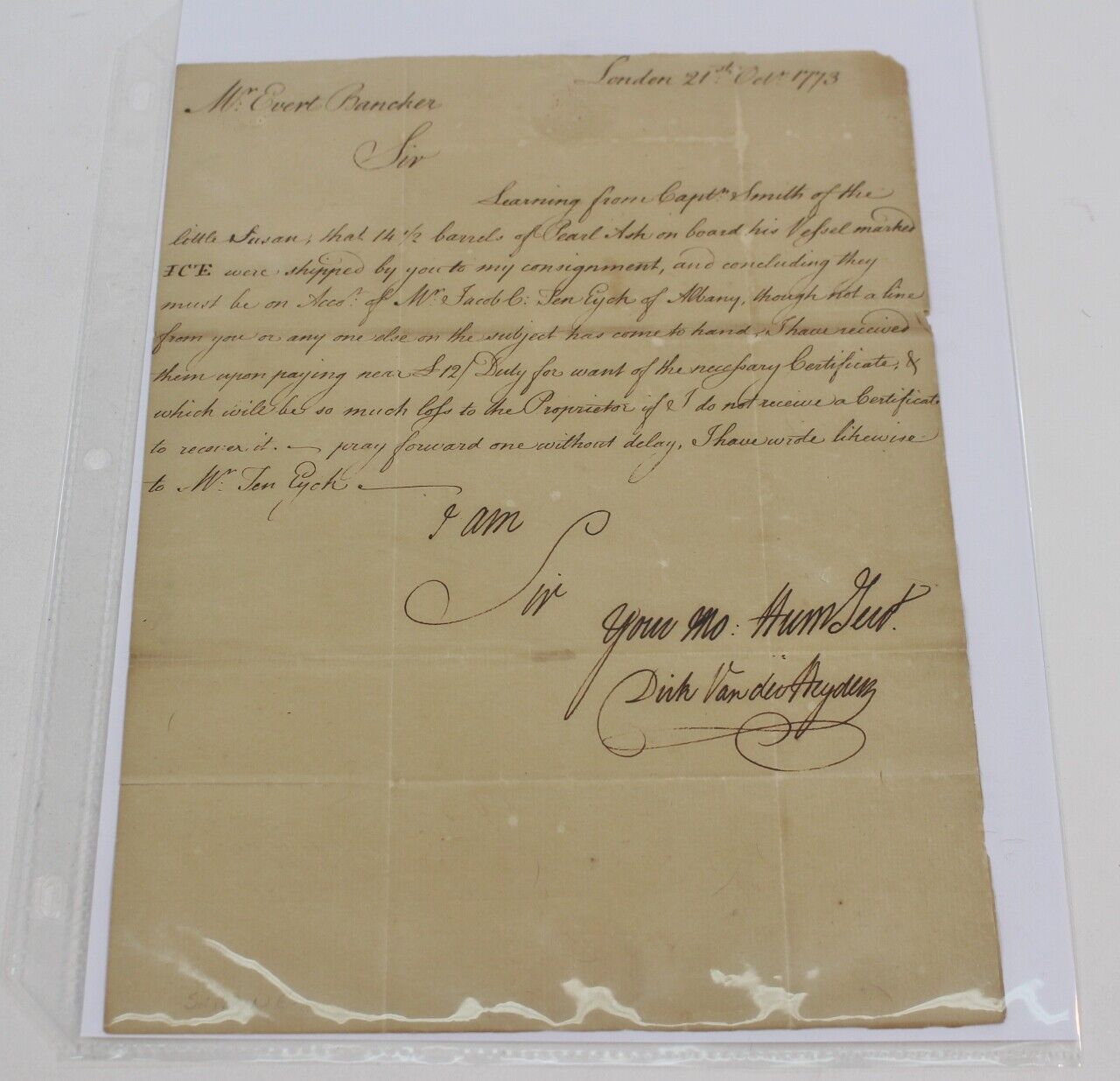 1773 1774 Stampless Ship Cover + Signed Letter, Dirk Vanderheyden to Evert Bancker, Transatlantic Revolutionary War, London-New York City