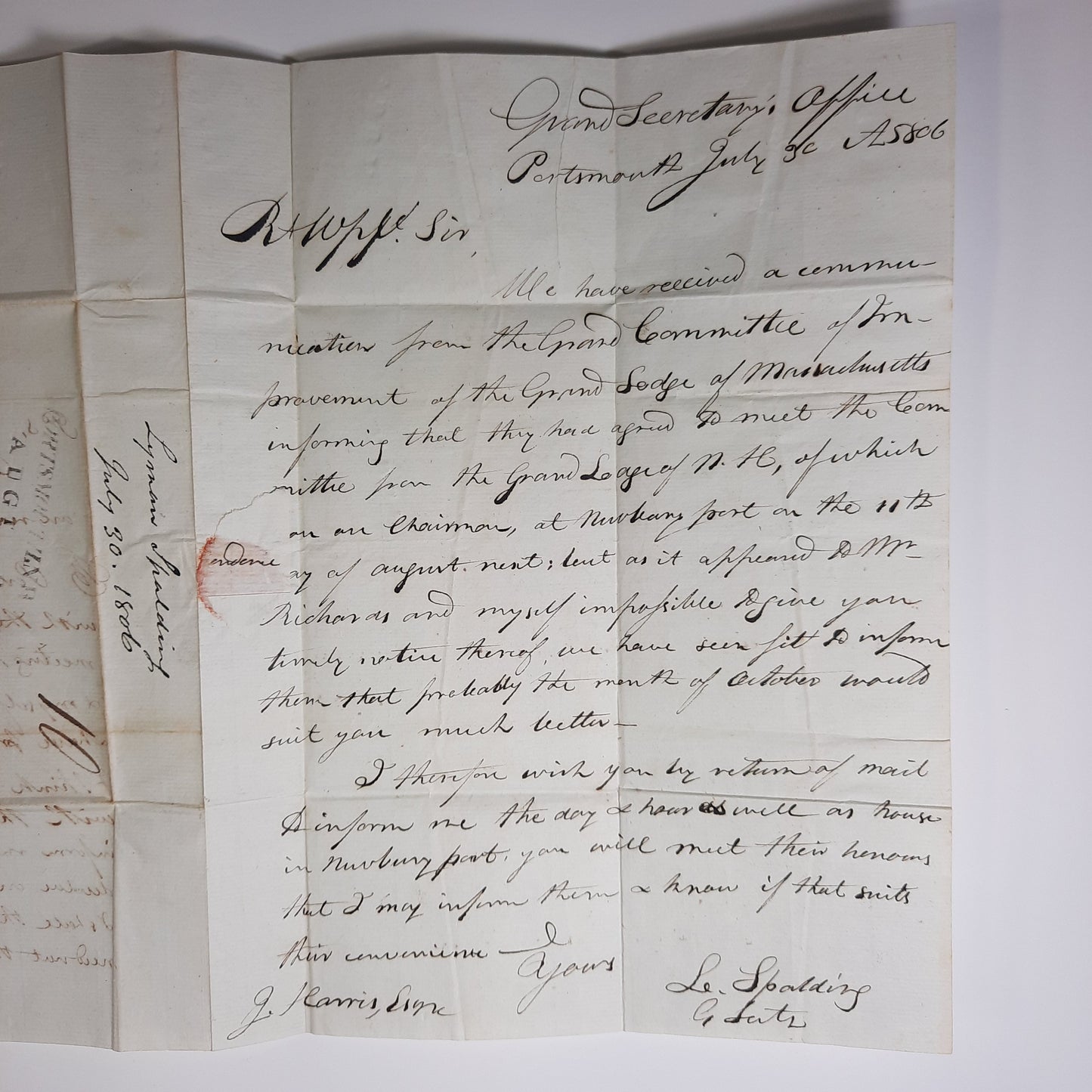 1806 Dr. Lyman Spalding, ALS Autograph Letter Masonic (physician pioneer in vaccinations & pharmacopoeia)