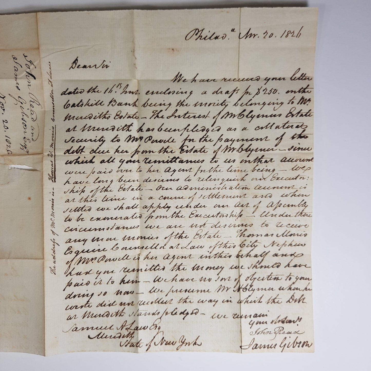 1826 John Read, James Gibson ALS, double signed letter regarding estate of Declaration of Independence Signer George Clymer