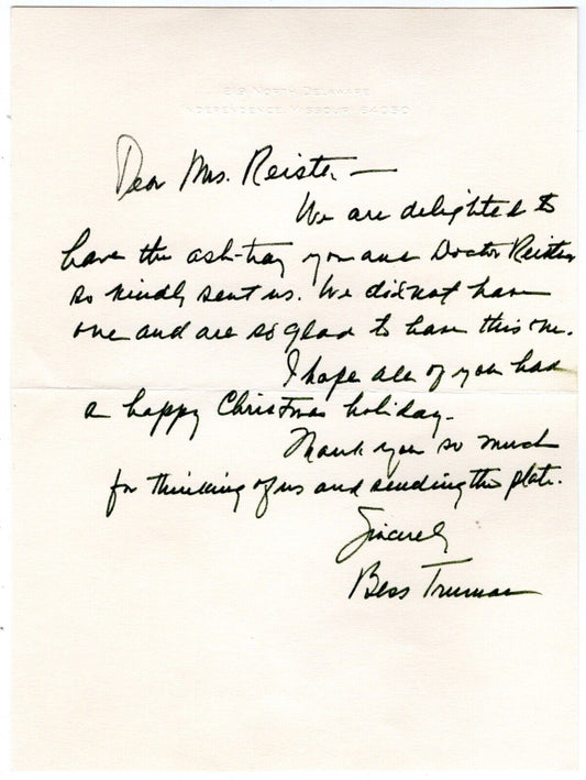 1972 Bess Truman humorous handwritten signed letter to wife of Truman family physician Dr. Philip Reister, Christmas autograph thank you letter with envelope